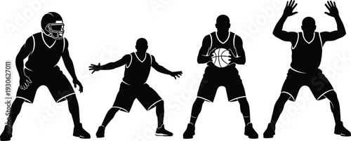 Set of basketball player silhouettes in various poses including defender, ball handler, and athlete wearing a helmet for sports design,