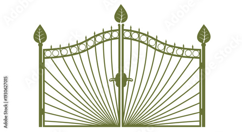 Symmetrical green iron gate with ornate scrollwork and leaf finials shown as a detailed silhouette for garden or park entrance design concept.