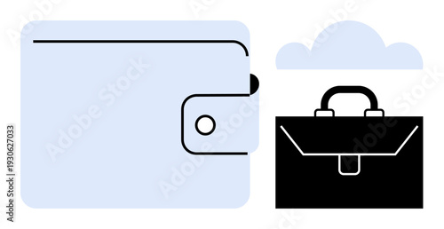 Financial management, business tools, cloud storage, digital solutions, work organization, modern resources. A wallet, briefcase and cloud abstractly illustrated. Financial management and business