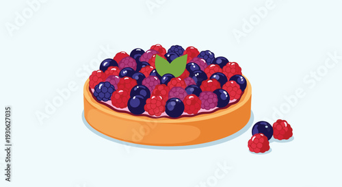 Delicious fruit tart dessert topped with an abundance of fresh raspberries and blueberries with small green mint leaves for garnish on light.