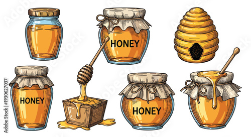 Set of six vintage style honey illustrations including jars with wooden dippers a beehive and a honey box with dripping liquid on white ground.