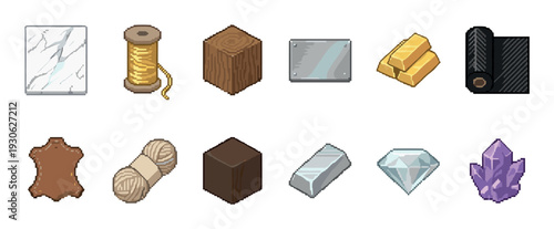 Pixel art collection of crafting materials for video games, including wood, metal, gold, diamond, and leather, is shown in an isometric view isolated on a white background
