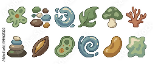 Pixel art nature elements icon set collection with various organic shapes like leaf, stone, water, and mushroom for retro video game assets, isolated on a white background