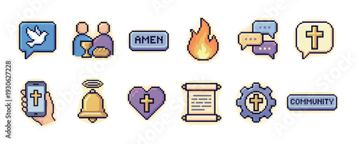 Pixel art Christian religion icon set with various symbols like the cross, dove, heart, and flame, representing faith, community, and prayer in a retro 8-bit style isolated on white