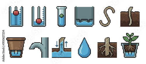 Set of pixel art icons showing water science experiments, plant growth, and irrigation concepts like capillary action, roots, and self-watering pots, isolated on a white background