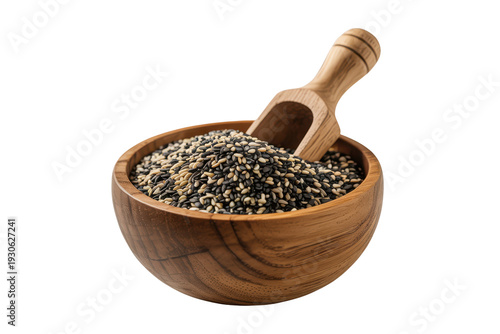 A wooden bowl filled with black peppercorns and a wooden spoon isolated on transparent background