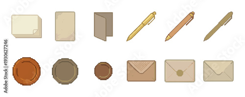 Collection of pixel art writing icons including paper, pens, envelopes, and wax seals in a retro 8-bit video game style, isolated on a white background
