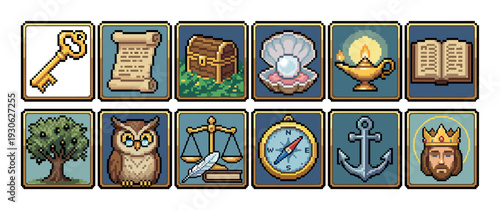Set of twelve pixel art icons featuring a key, scroll, chest, owl, king, and anchor, representing fantasy, adventure, and wisdom concepts, isolated on a white background