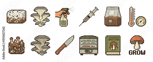 Set of pixel art mushroom growing equipment icons showing cultivation tools, mycelium, and fungi for a retro gaming or infographic design, isolated on a white background