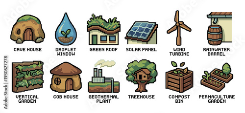 Set of pixel art icons representing sustainable living and green energy, including a solar panel, wind turbine, and compost bin, in a retro 8-bit video game style isolated on white
