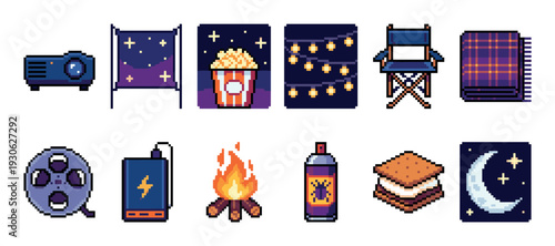 Pixel art icon set of outdoor movie night essentials like a projector, popcorn, campfire, and s'more, created in a retro 8-bit video game style and isolated on white