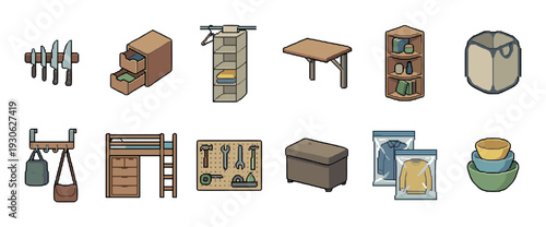 Collection of household furniture and storage icons featuring a loft bed, tools, knives, and closet organizer in a simple cartoon illustration style, isolated on a white background