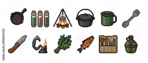 Set of pixel art camping icons for survival and adventure games, including a campfire, pot, knife, and fish, rendered in a retro 8-bit style and isolated on a white background