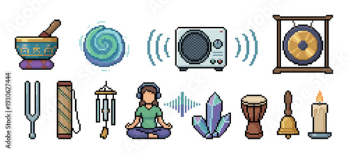 Pixel art icon set of sound healing objects including a singing bowl, gong, tuning fork, and meditating person, representing therapy and relaxation, isolated on a white background