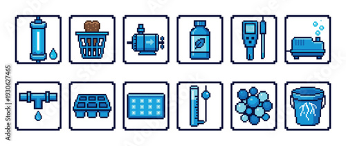Pixel art hydroponics equipment icon set featuring a pump, filter, nutrients, and meter in a retro 8-bit video game style, isolated on a white background