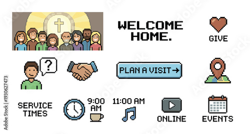 Collection of pixel art church icons for a website including people, a cross, a calendar, and service times, isolated on a white background in a retro 8-bit video game style