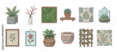 Collection of pixel art houseplant and decor icons with a fern, succulent, terrarium, and moss wall, illustrated in a charming retro 8-bit video game style on a white background