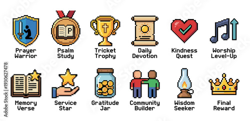 Set of colorful pixel art icons representing Christian faith achievements and spiritual rewards in a retro video game style, featuring a trophy, crown, heart, and shield isolated on white