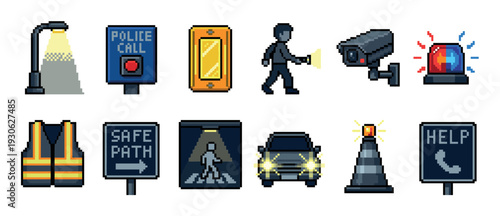 Pixel art icon set of safety and security objects including a camera, siren, vest, and signs in a retro 8-bit video game style, isolated on a white background