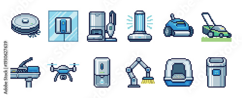 Pixel art icon collection of smart home devices and robotic appliances like a vacuum, drone, and lawn mower, created in a retro 8-bit video game style and isolated on white