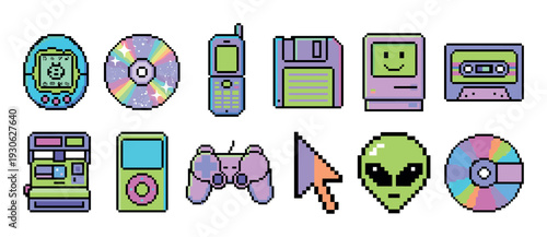 Retro pixel art icon set of 90s technology featuring a virtual pet, mobile phone, computer, and gamepad in a nostalgic 8-bit Y2K aesthetic, isolated on a white background
