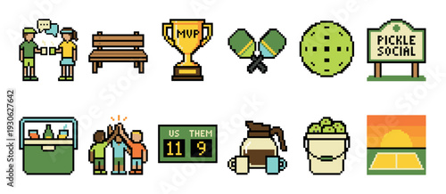 Collection of pickleball themed pixel art icons showing players, paddles, a ball, trophy, scoreboard, and other recreational elements isolated on a white background