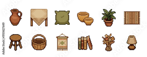 Pixel art set of rustic household items and furniture icons for a cozy video game, including a jug, table, plant, and books, isolated on a white background