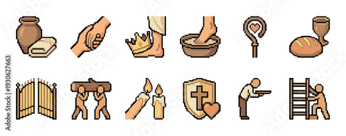Set of pixel art Christian icons showing various biblical symbols like communion, foot washing, and the cross, rendered in a retro 8-bit video game style isolated on white