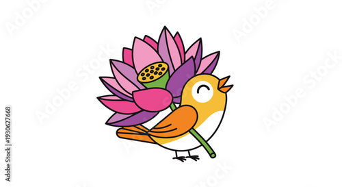 Colorful bird carrying lotus flower and lotus seed pod