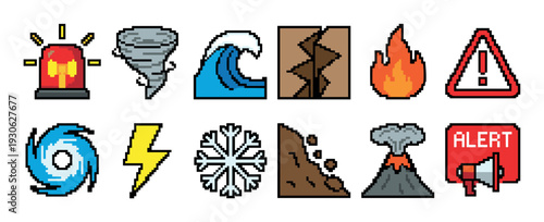 Set of pixel art natural disaster icons representing various emergency situations and weather phenomena like tornado, tsunami, volcano, and earthquake, isolated on a white background