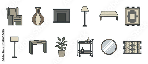 Pixel art furniture and home decor icons set with an armchair, lamp, rug, and fireplace in a retro 8-bit video game style, isolated on a white background for design elements