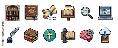 Set of pixel art icons for theology and religious study, including books, scrolls, a laptop, and a microphone, rendered in a retro 8-bit video game style isolated on white