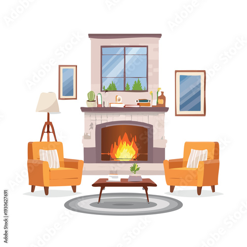 Cozy living room interior with fireplace and armchairs illustration