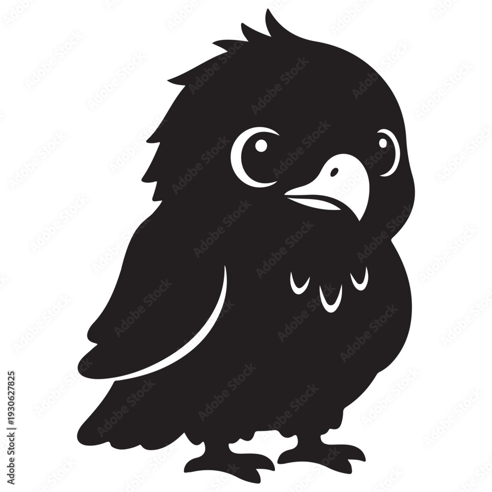 Obraz premium Cute Black Baby Bird Silhouette Illustration on White Background