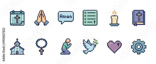 Set of religious pixel art icons representing faith and spirituality, including a bible, cross, church, and dove, in a retro 8-bit video game style isolated on white