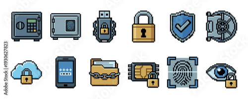 Pixel art security and data protection icons set featuring a safe, lock, fingerprint, shield, and cloud for cybersecurity concepts, isolated on white background