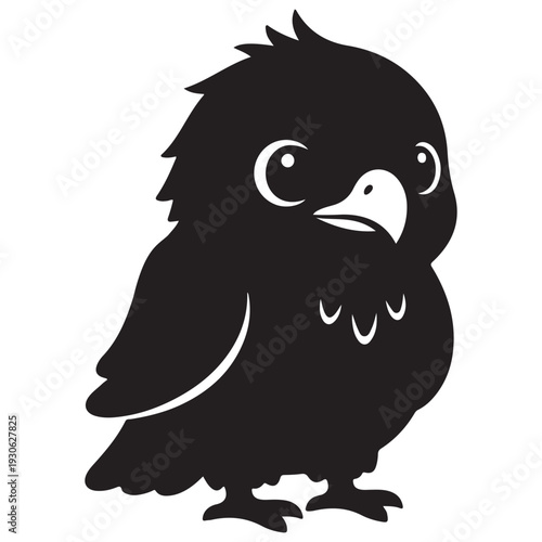 Cute Black Baby Bird Silhouette Illustration on White Background