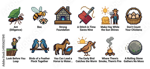 Twelve pixel art icons illustrating famous idioms and proverbs in a retro 8-bit video game style, featuring symbolic characters and objects isolated on a white background