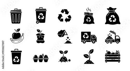 Recycle icon set with trash bin compost and waste management
