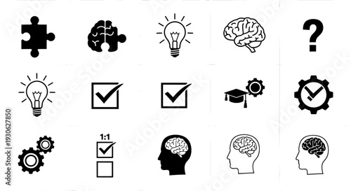 Mental and logic icon set with brain idea lightbulb gear and puzzle
