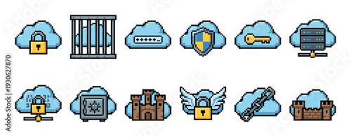 Pixel art cloud security icon set collection featuring various protection symbols like locks, shields, servers, and castles for a retro video game aesthetic, isolated on white