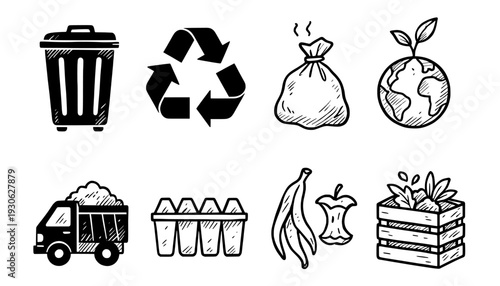 Recycle and waste management icon set with trash can earth and compost
