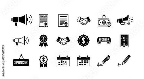 Sponsor icon set with business contracts and financial agreement
