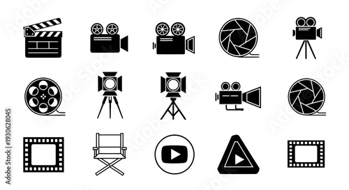 Cinema icon set with video camera film reel clapperboard and lens
