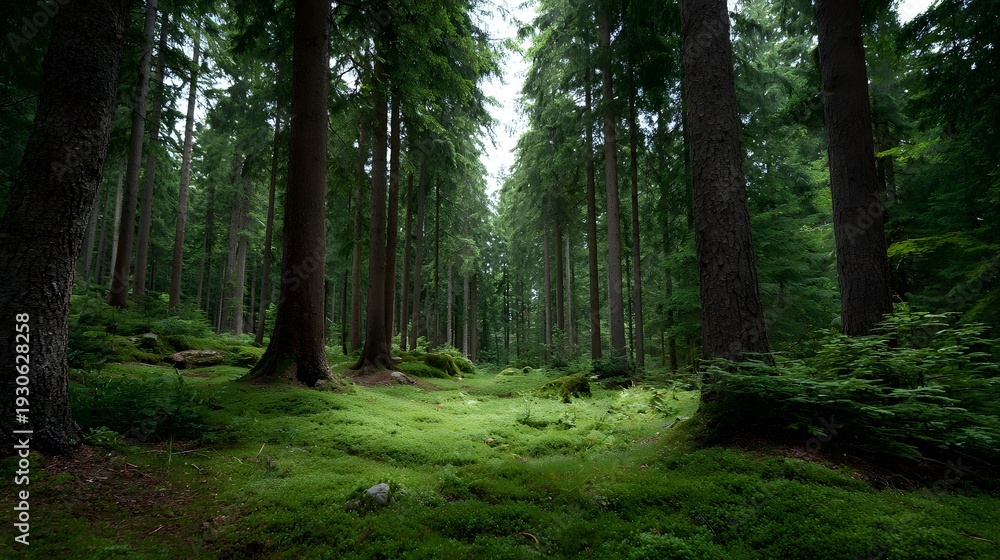 Fototapeta premium A serene and lush forest scene with tall evergreen trees and a dense carpet of green moss on the forest floor