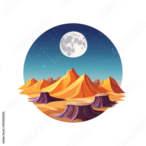 Cartoon landscape with mountains and full moon