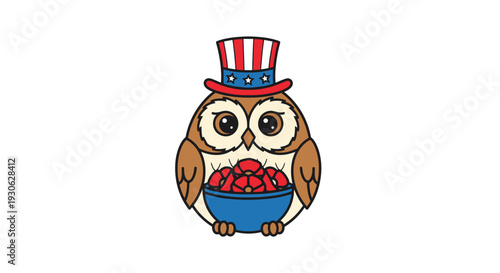 Owl with patriotic top hat holding bowl of red fruit