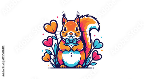 Colorful cartoon squirrel with bow tie surrounded by hearts and plants