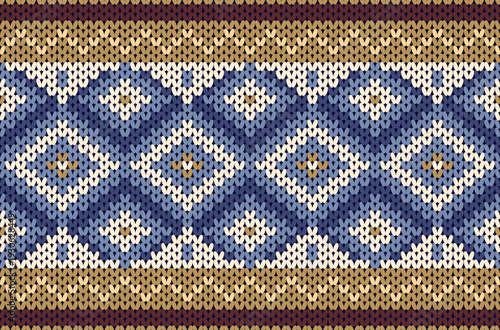 Native American or indigenous style knitted yarn pattern in blue and brown tones with dark red stripes.
