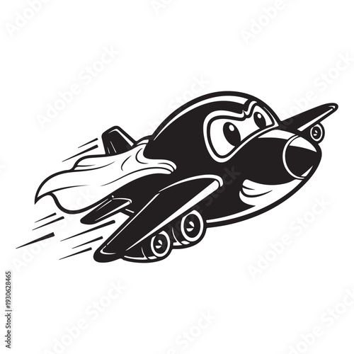 Dynamic Black and White Cartoon Airplane Character with Superhero Cape Flying Fast